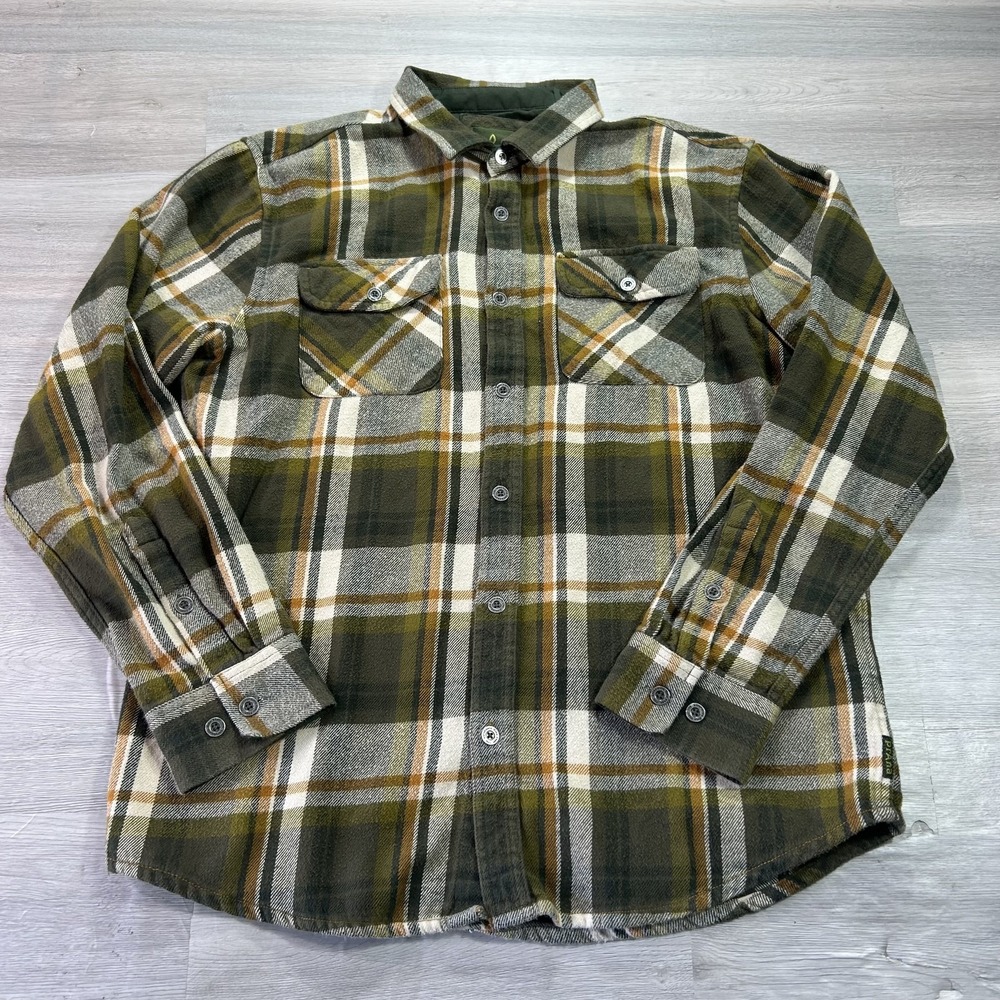 PrAna Shirt Mens Large Green Plaid Long Sleeve Flannel Button Up Organic Casual
